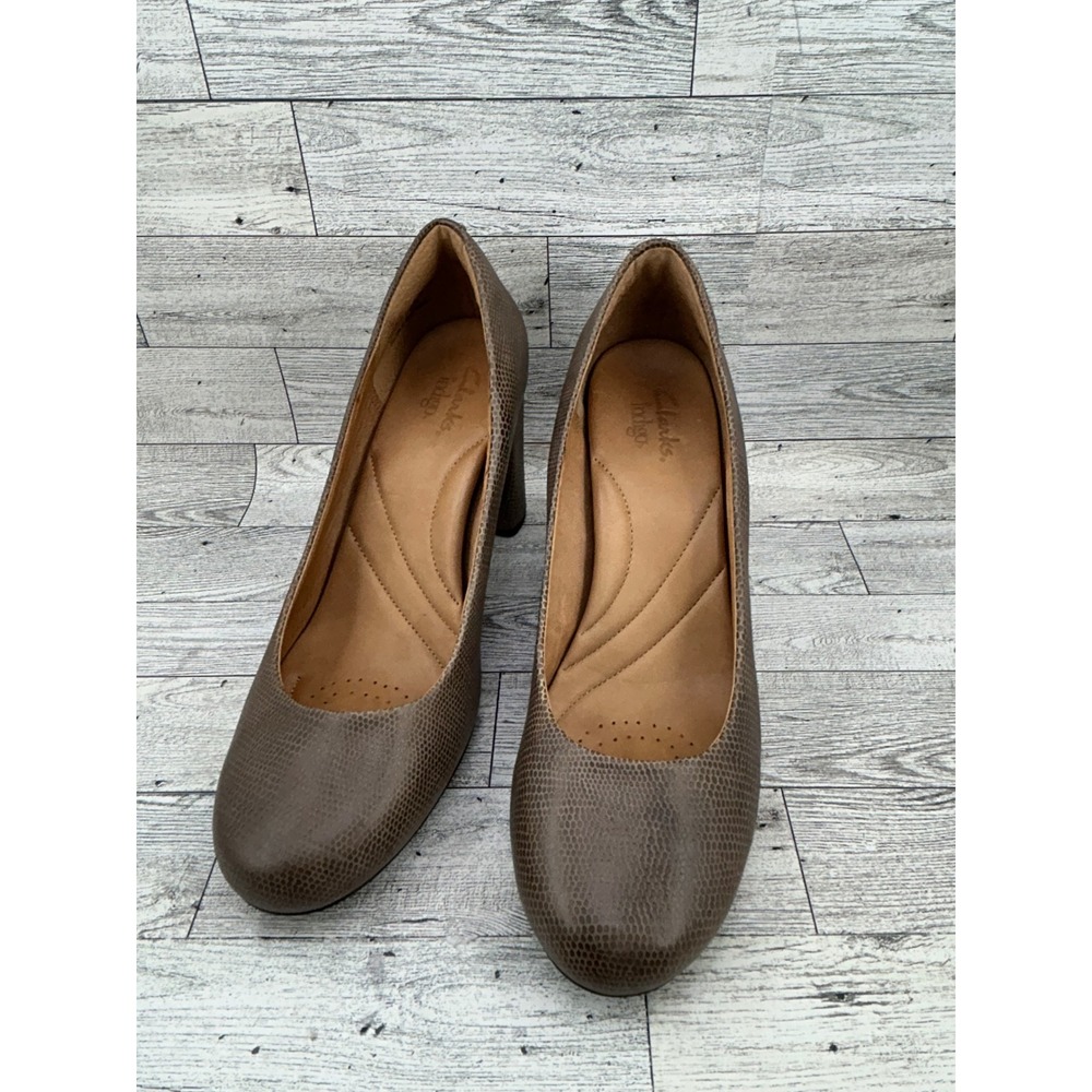 Clarks Indigo Womens Dress Shoes Block Heel Pumps Brown Snake Print‎ 9M